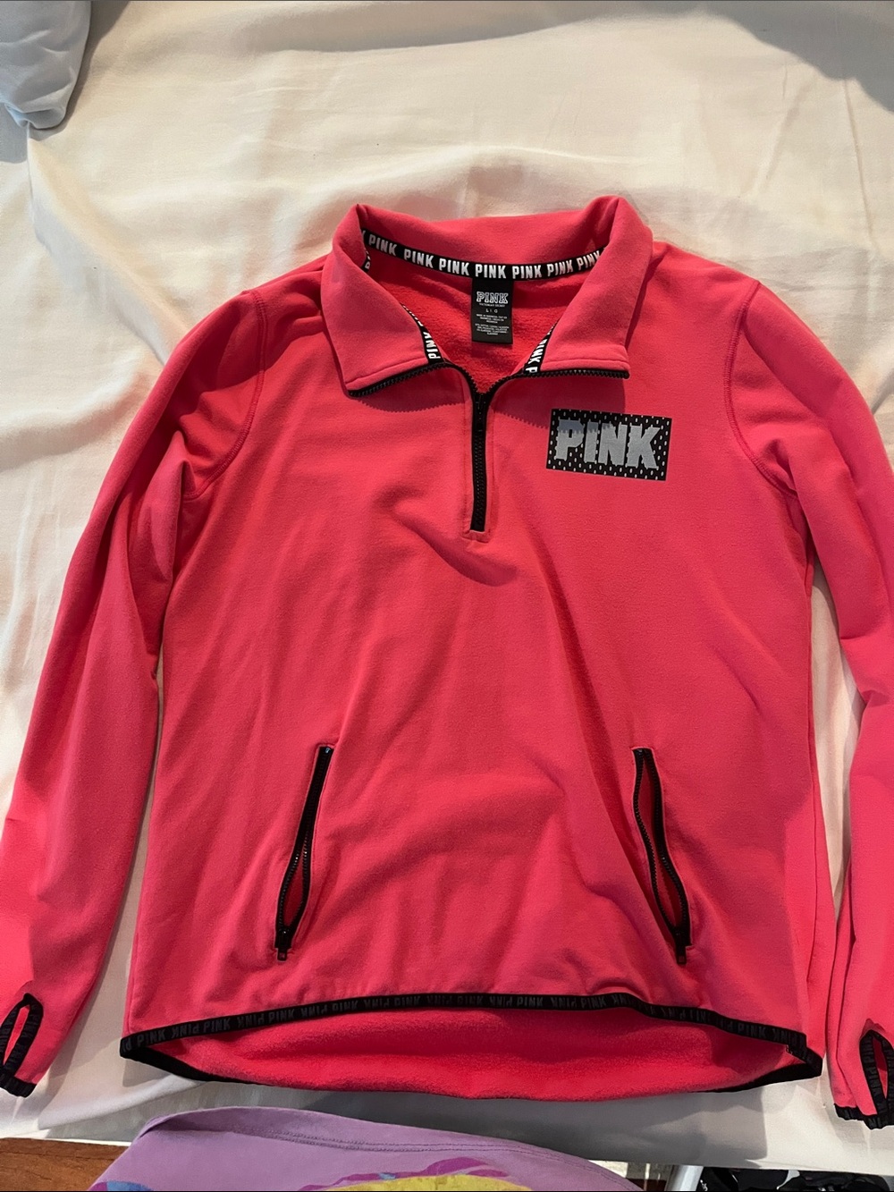 PINK Victoria's Secret Neon Pink Quarter-Zip Pullover with Black Trim